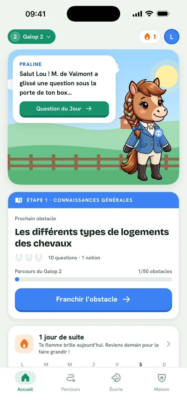 Accueil : Praline annonce la Question du Jour, prochain obstacle