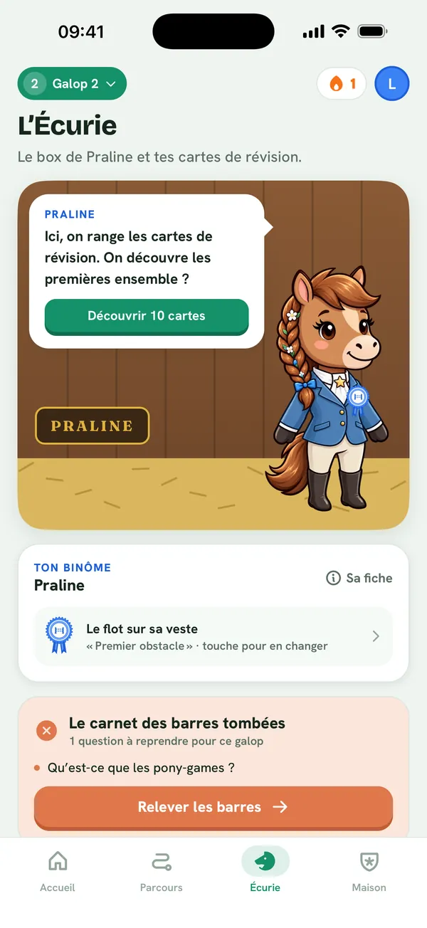 Écran Écurie : le box de Praline et les cartes de révision