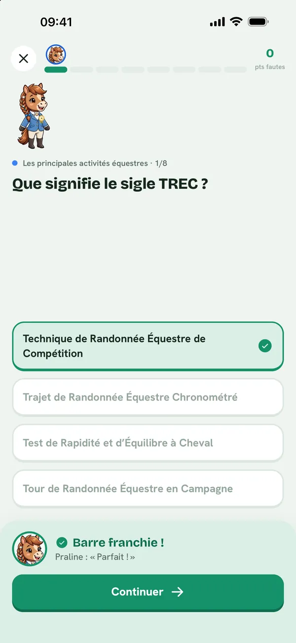 Écran de quiz : « Que signifie le sigle TREC ? », bonne réponse validée par Praline